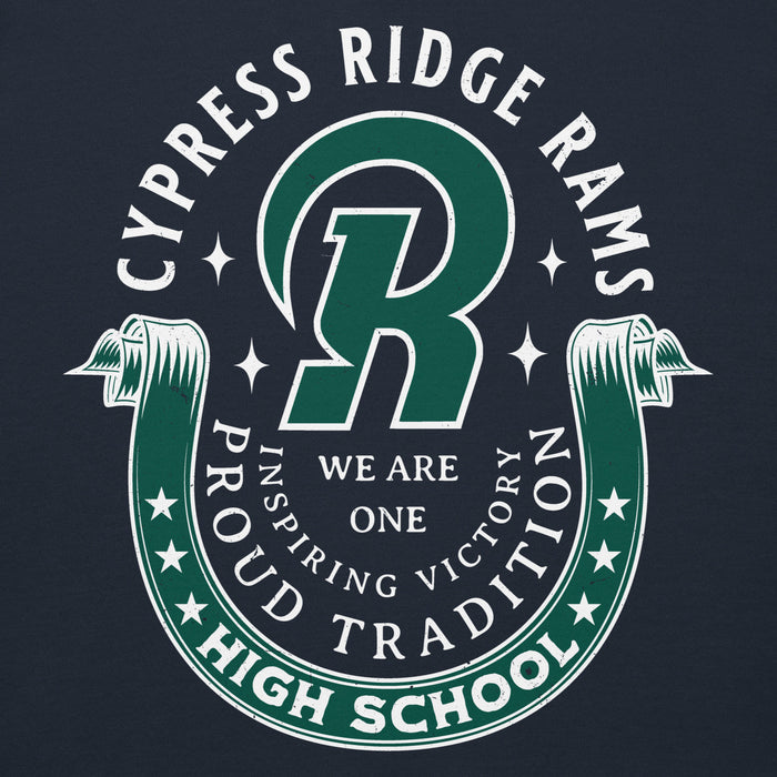 Close-up view ofCypress Ridge High School Rams Navy Premium Unisex Hoodie 229