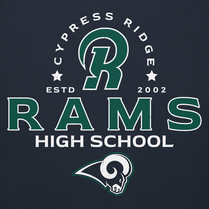 Close-up view of Cypress Ridge High School Rams Navy Premium Unisex Hoodie 222