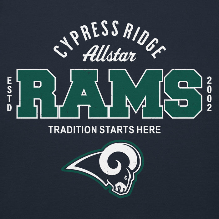 Close-up view of Cypress Ridge High School Rams Navy Premium Unisex Hoodie 040