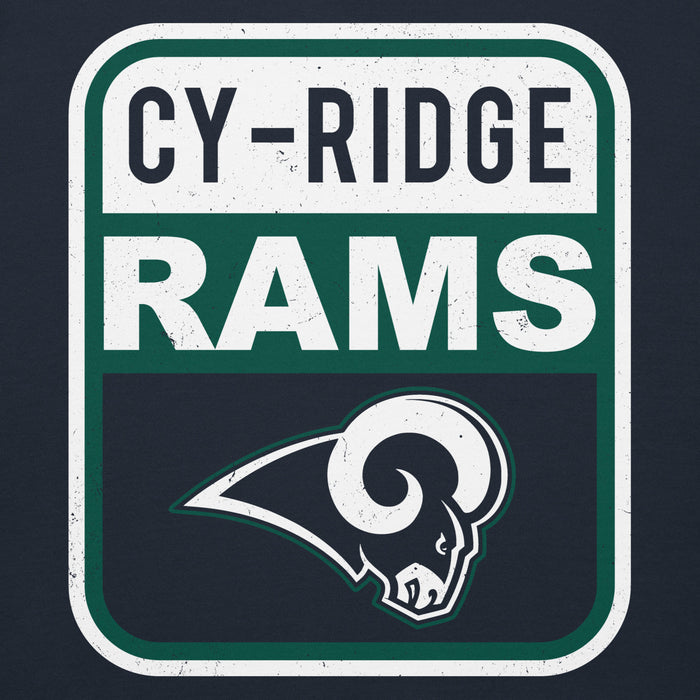 Close-up view of Cypress Ridge High School Rams Navy Premium Unisex Hoodie 001