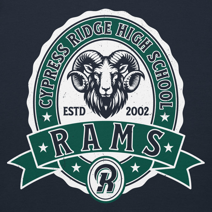 Close-up view of Cypress Ridge High School Rams Navy Premium Unisex Hoodie 212