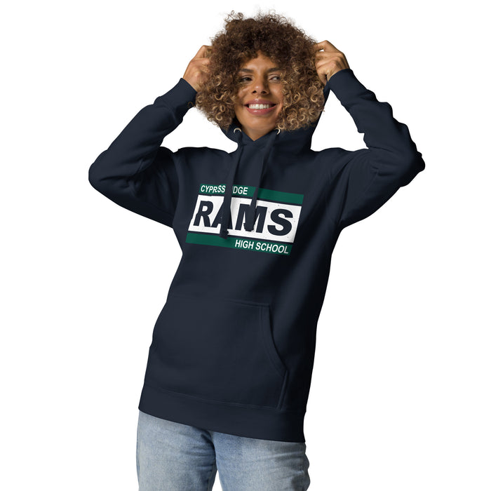 Woman wearing Cypress Ridge High School Rams Navy Premium Unisex Hoodie 098