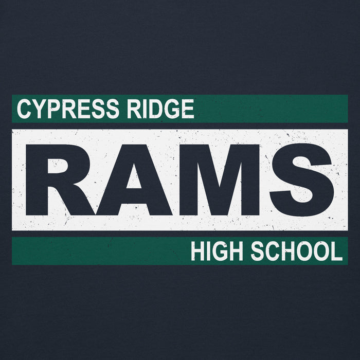 Close-up view of Cypress Ridge High School Rams Navy Premium Unisex Hoodie 098