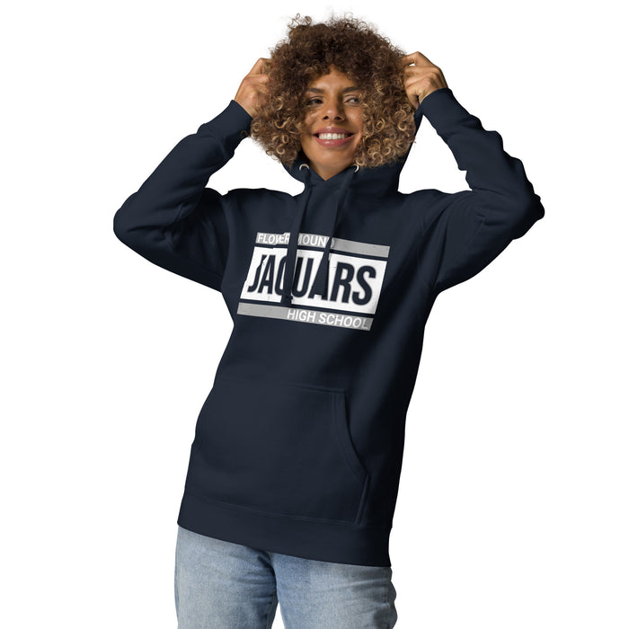 Woman wearing Flower Mound High School Jaguars Navy Blue Premium Hoodie 098