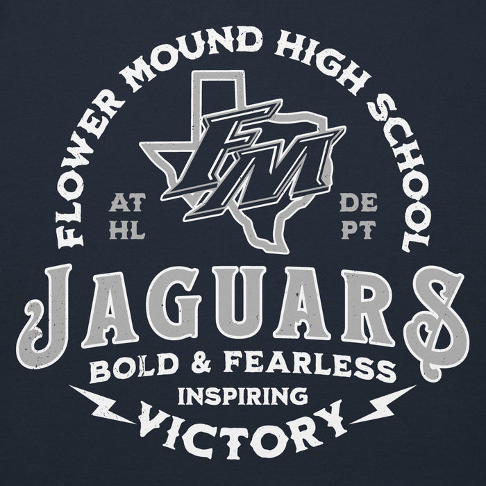 Close-up view of Flower Mound High School Jaguars Navy Blue Premium Hoodie 206