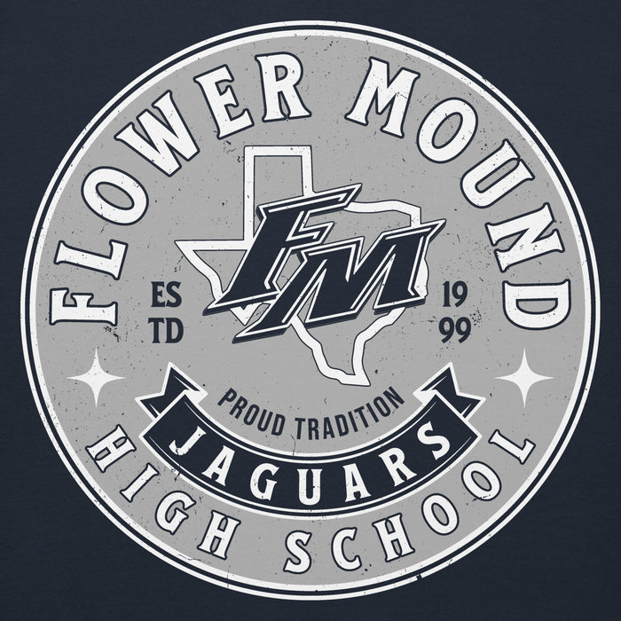 Close-up view of Flower Mound High School Jaguars Navy Blue Premium Hoodie 215