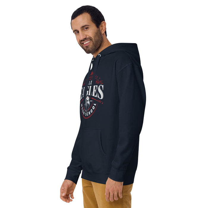 Man wearing a Allen High School Eagles Premium Navy Blue Hoodie 214