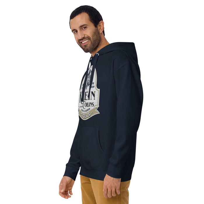 Man wearing a Klein Collins High School Tigers Premium Navy Unisex Hoodie 205