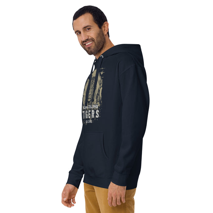 Man wearing a Klein Collins High School Tigers Premium Navy Unisex Hoodie 211