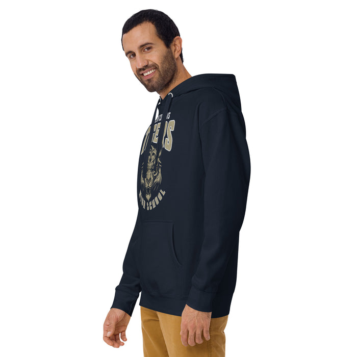 Man wearing a Klein Collins High School Tigers Premium Navy Unisex Hoodie 212