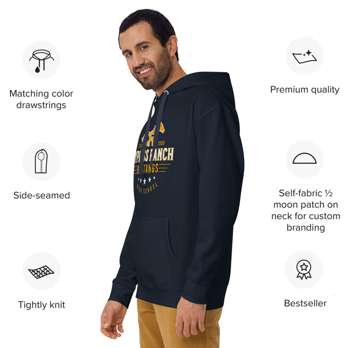 Man wearing Cypress Ranch High School Mustangs Navy Premium Unisex Hoodie 217