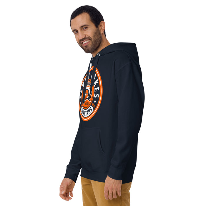 Man wearing Seven Lakes High School Spartans Navy Premium Unisex Hoodie 220