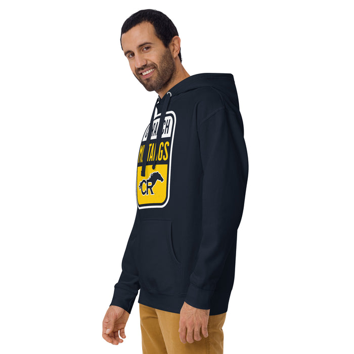 Man wearing Cypress Ranch High School Mustangs Navy Premium Unisex Hoodie 001
