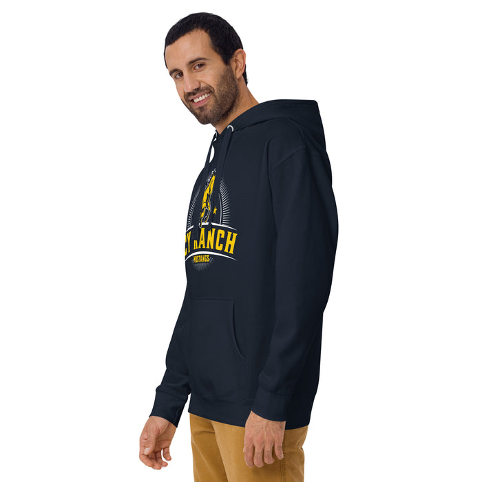 Man wearing Cypress Ranch High School Mustangs Navy Premium Unisex Hoodie 221