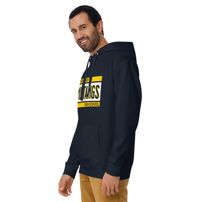 Man wearing Cypress Ranch High School Mustangs Navy Premium Unisex Hoodie 098