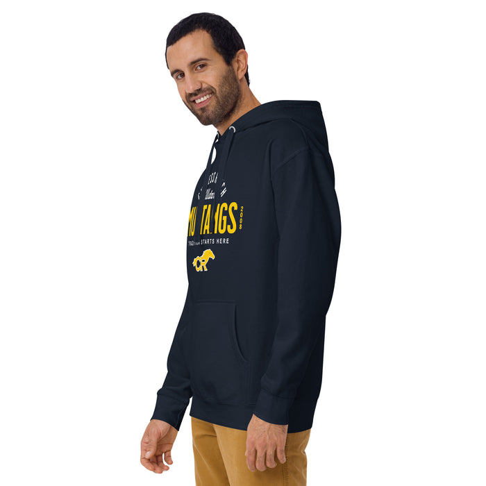 Man wearing Cypress Ranch High School Mustangs Navy Premium Unisex Hoodie 040