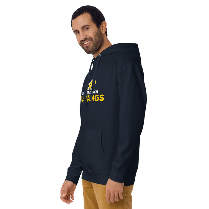 Man wearing Cypress Ranch High School Mustangs Navy Premium Unisex Hoodie 233