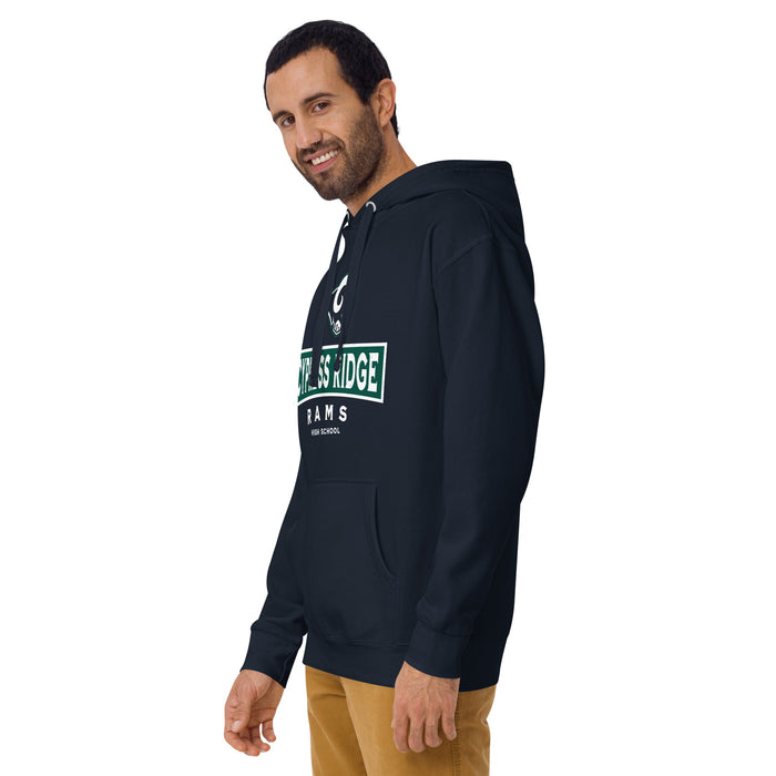 Man wearing Cypress Ridge High School Rams Navy Premium Unisex Hoodie 202