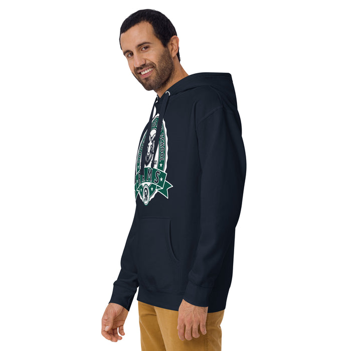 Man wearing Cypress Ridge High School Rams Navy Premium Unisex Hoodie 212