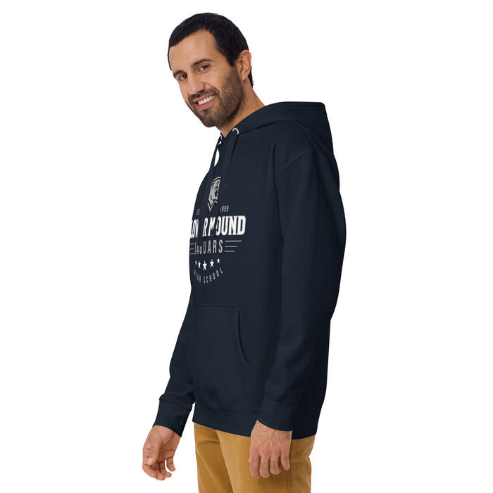 Man wearing Flower Mound High School Jaguars Navy Blue Premium Hoodie 217