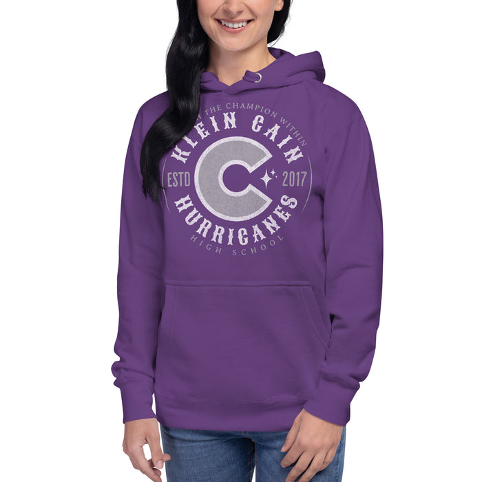 Woman wearing a Klein Cain High School Hurricanes Premium Purple Hoodie 211