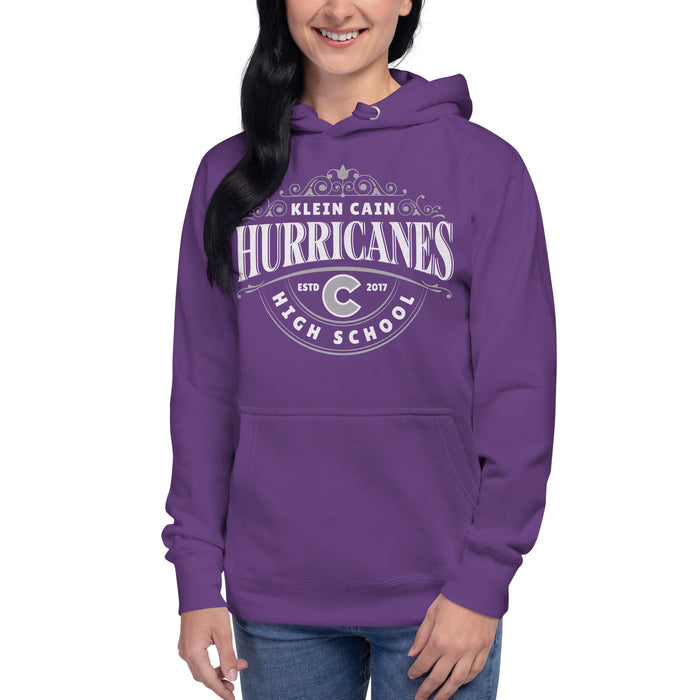 Woman wearing a Klein Cain High School Hurricanes Premium Purple Hoodie 214