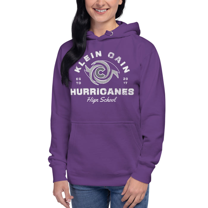 Woman wearing a Klein Cain High School Hurricanes Premium Purple Hoodie 232