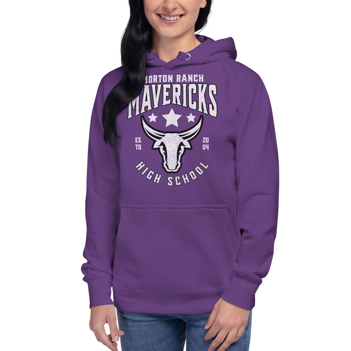 Woman wearing a Morton Ranch High School Mavericks Premium Purple Hoodie 201