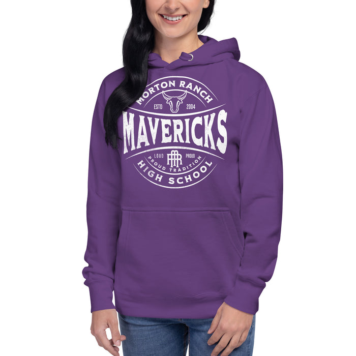 Woman wearing a Morton Ranch High School Mavericks Premium Purple Hoodie 211