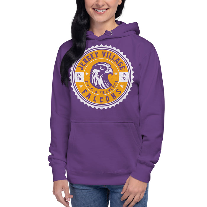 Woman wearing a Jersey Village High School Falcons Premium Purple Hoodie 201