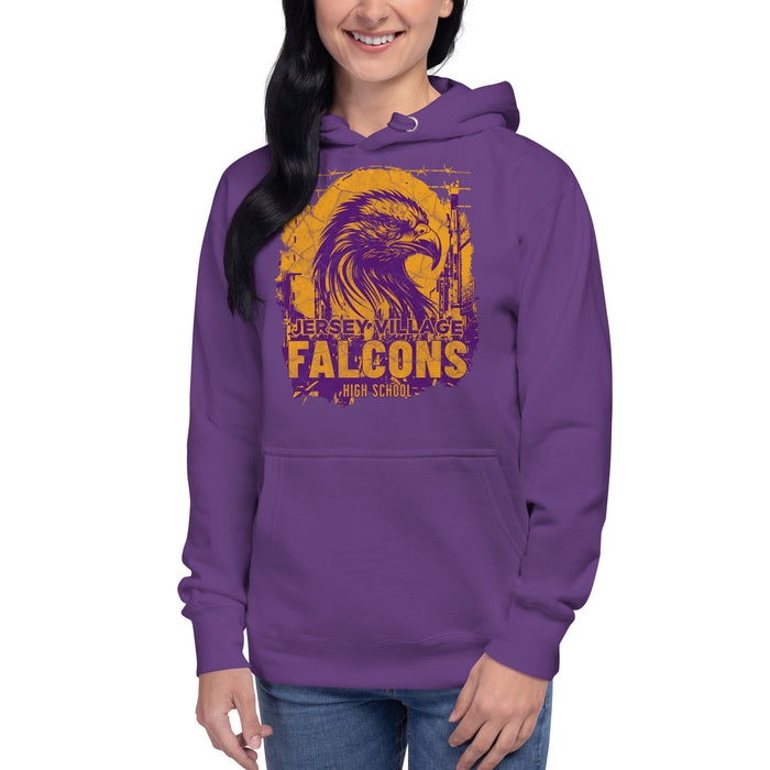 Woman wearing a Jersey Village High School Falcons Premium Purple Hoodie 202 