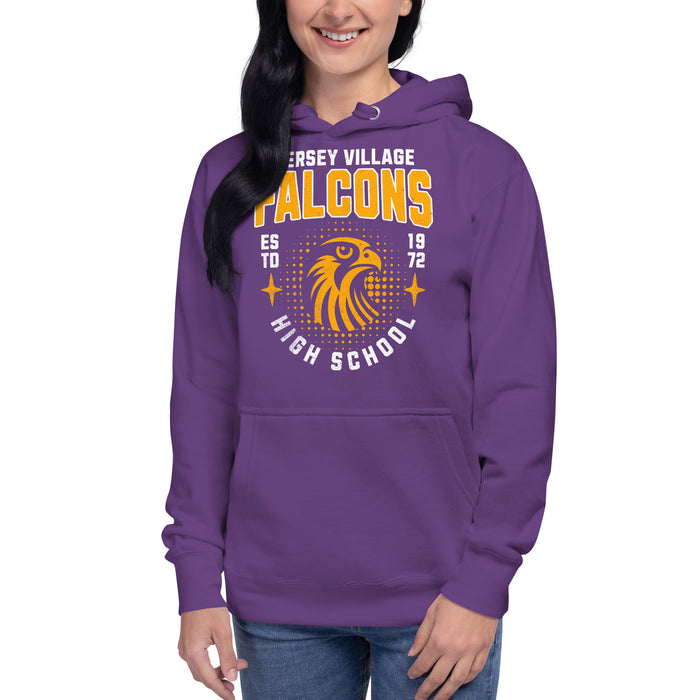 Woman wearing a Jersey Village High School Falcons Premium Purple Hoodie 203