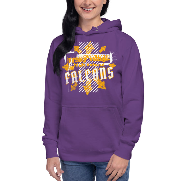 Woman wearing a Jersey Village High School Falcons Premium Purple Hoodie 205