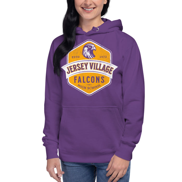 Woman wearing a Jersey Village High School Falcons Premium Purple Hoodie 206