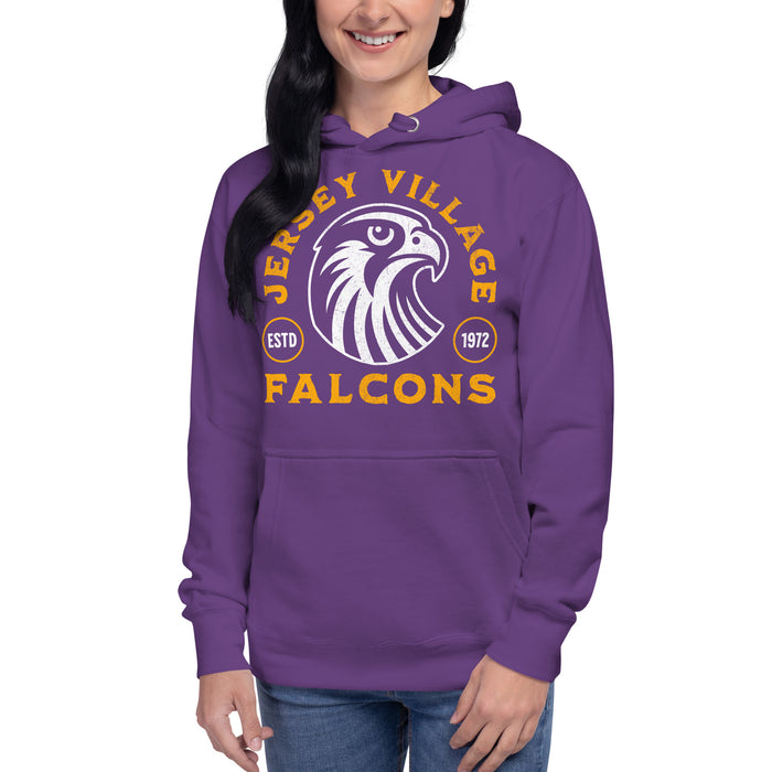 Woman wearing a Jersey Village High School Falcons Premium Purple Hoodie 207