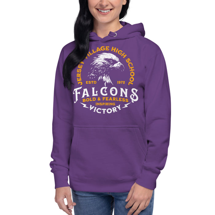 Woman wearing a Jersey Village High School Falcons Premium Purple Hoodie 209