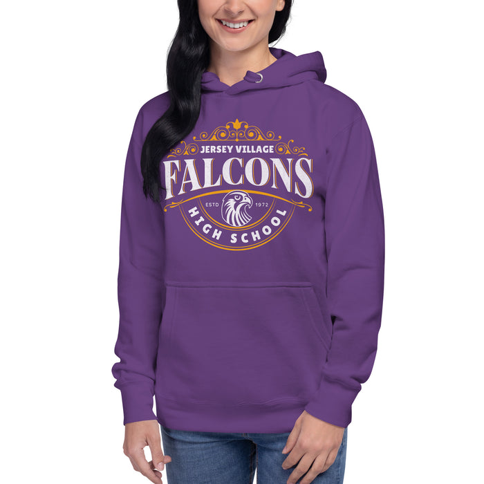 Woman wearing a Jersey Village High School Falcons Premium Purple Hoodie 214