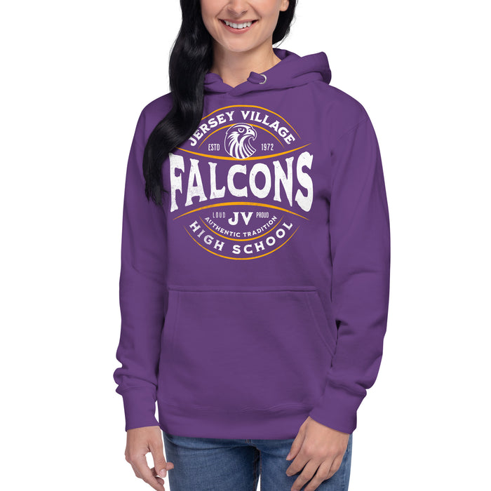 Woman wearing a Jersey Village High School Falcons Premium Purple Hoodie 217