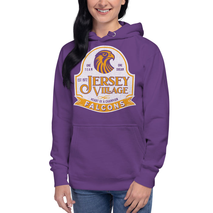 Woman wearing a Jersey Village High School Falcons Premium Purple Hoodie 218