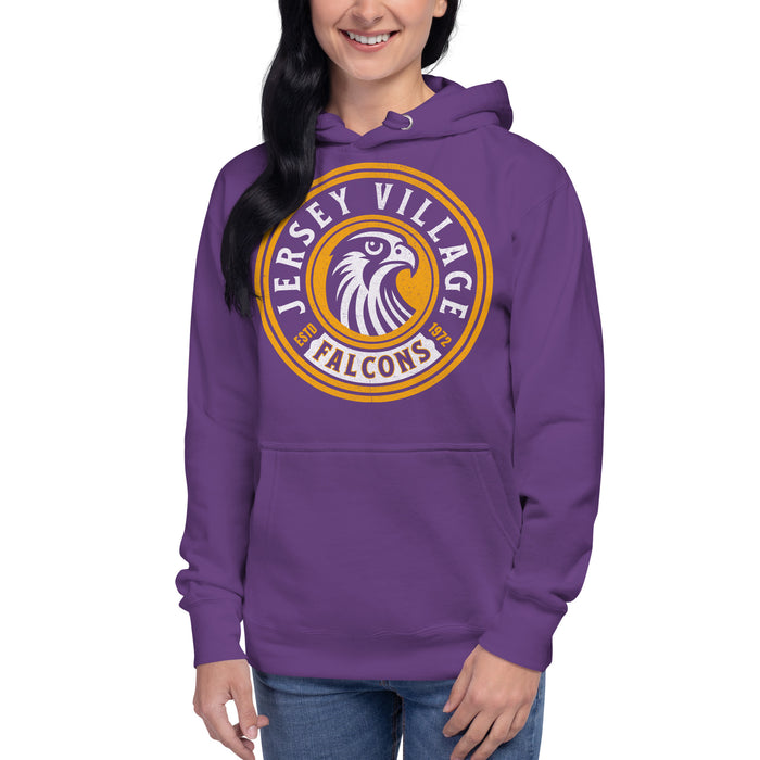 Woman wearing a Jersey Village High School Falcons Premium Purple Hoodie 219