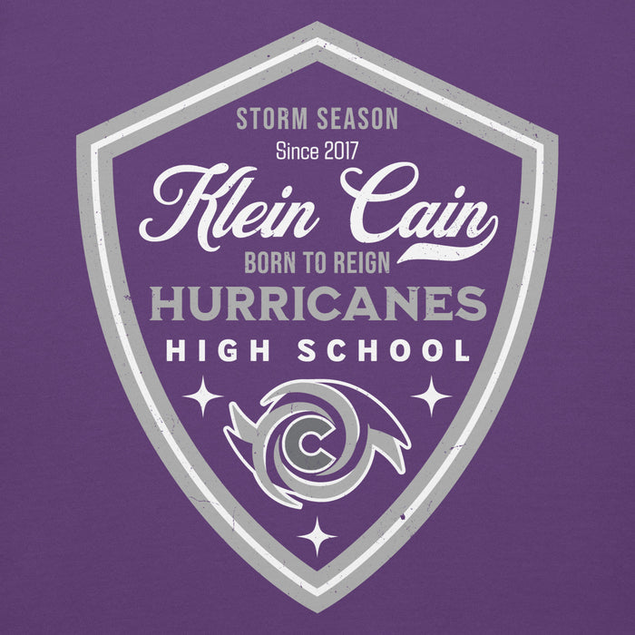 Close-up view of Klein Cain High School Hurricanes Purple Premium Unisex Hoodie 225