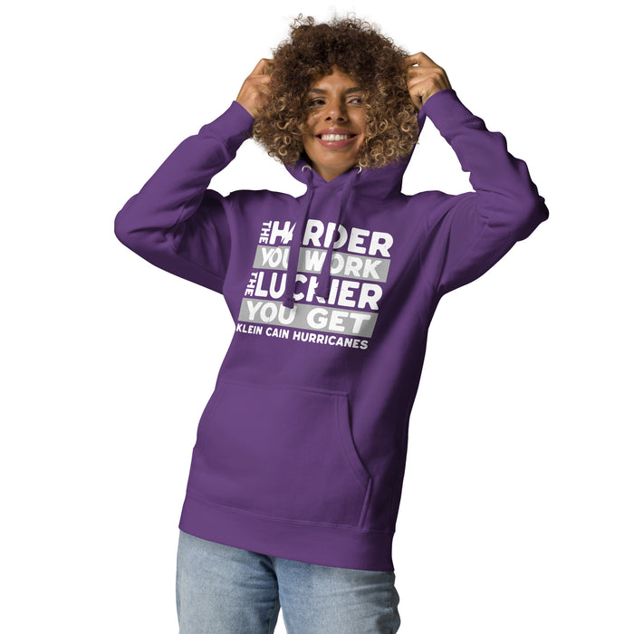 Woman wearing Klein Cain High School Hurricanes Purple Premium Unisex Hoodie 238