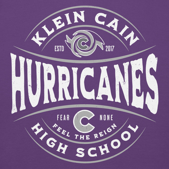 Close-up view of Klein Cain High School Hurricanes Purple Premium Unisex Hoodie 218