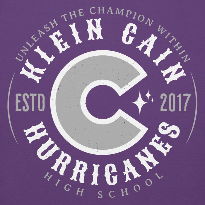 Close-up view of Klein Cain High School Hurricanes Purple Premium Unisex Hoodie 214