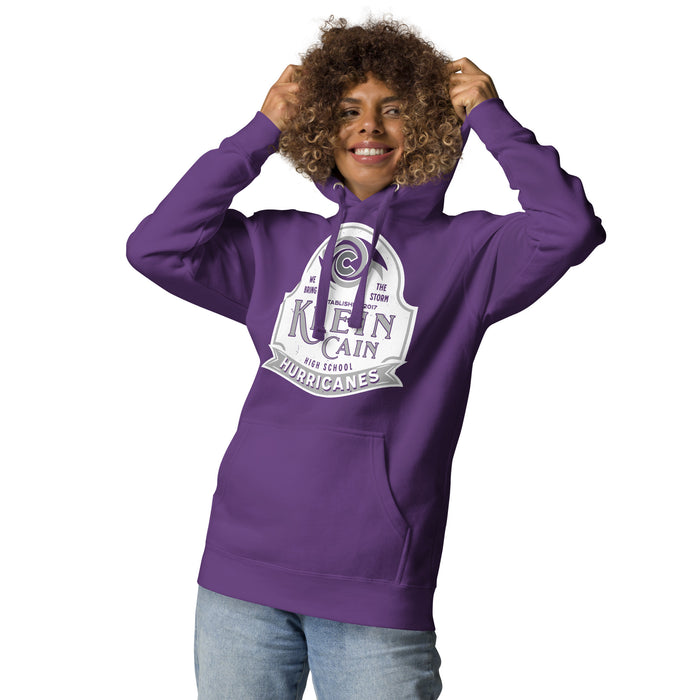 Woman wearing Klein Cain High School Hurricanes Purple Premium Unisex Hoodie 219