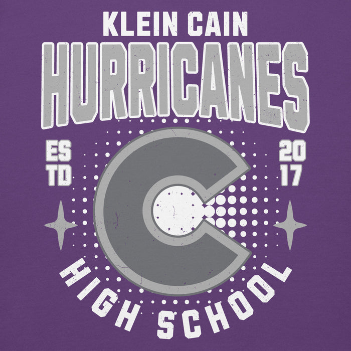 Close-up view of Klein Cain High School Hurricanes Purple Premium Unisex Hoodie 204