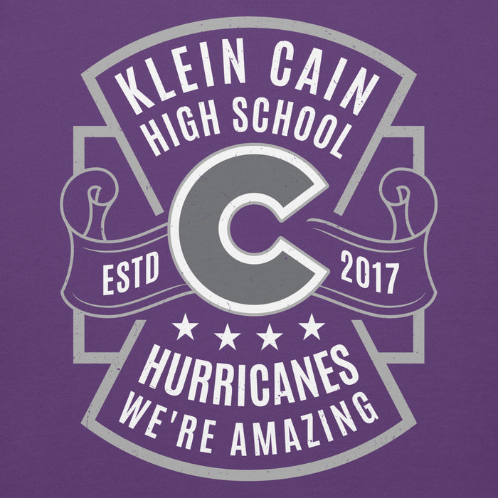 Close-up view of Klein Cain High School Hurricanes Purple Premium Unisex Hoodie 207