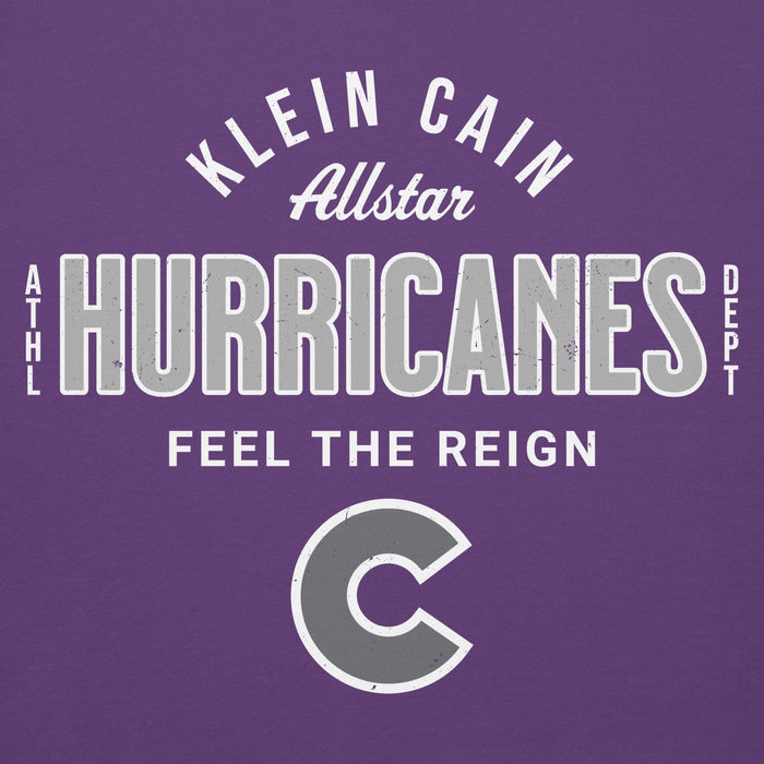 Close-up view of Klein Cain High School Hurricanes Purple Premium Unisex Hoodie 040