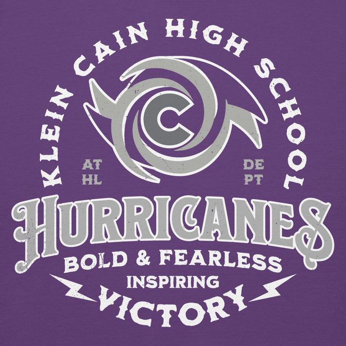 Close-up view of Klein Cain High School Hurricanes Purple Premium Unisex Hoodie 206