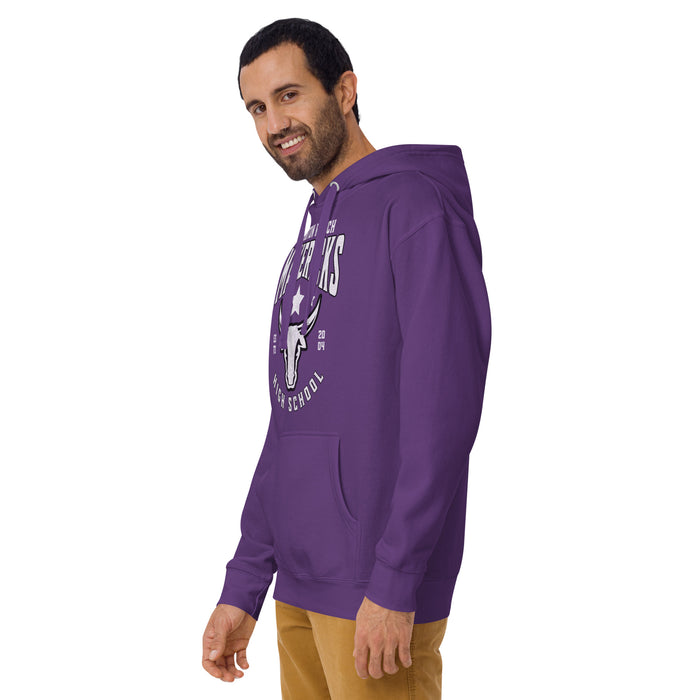 Man wearing a Morton Ranch High School Mavericks Premium Purple Hoodie 201